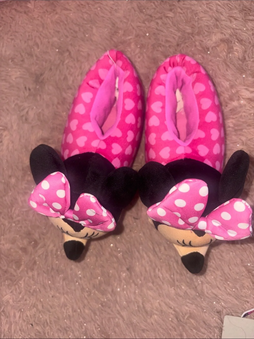 Pink Minnie Mouse Kids Slippers with Polka Dot Bow